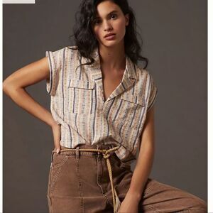 Anthropologie Cropped Stripes Utility Pullover Top NWT Size Small